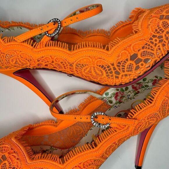 Gucci Virginia Lace Pumps Neon Orange EU 40 US 10 Mary Jane Lace Heels - Picture 11 of 11